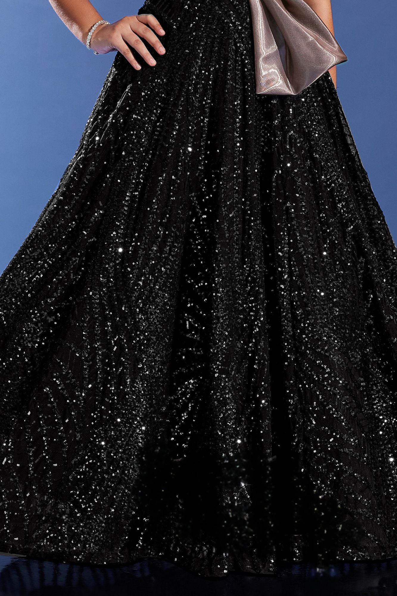 Girls Black Party Wear Gown with Metallic One-Shoulder Drape