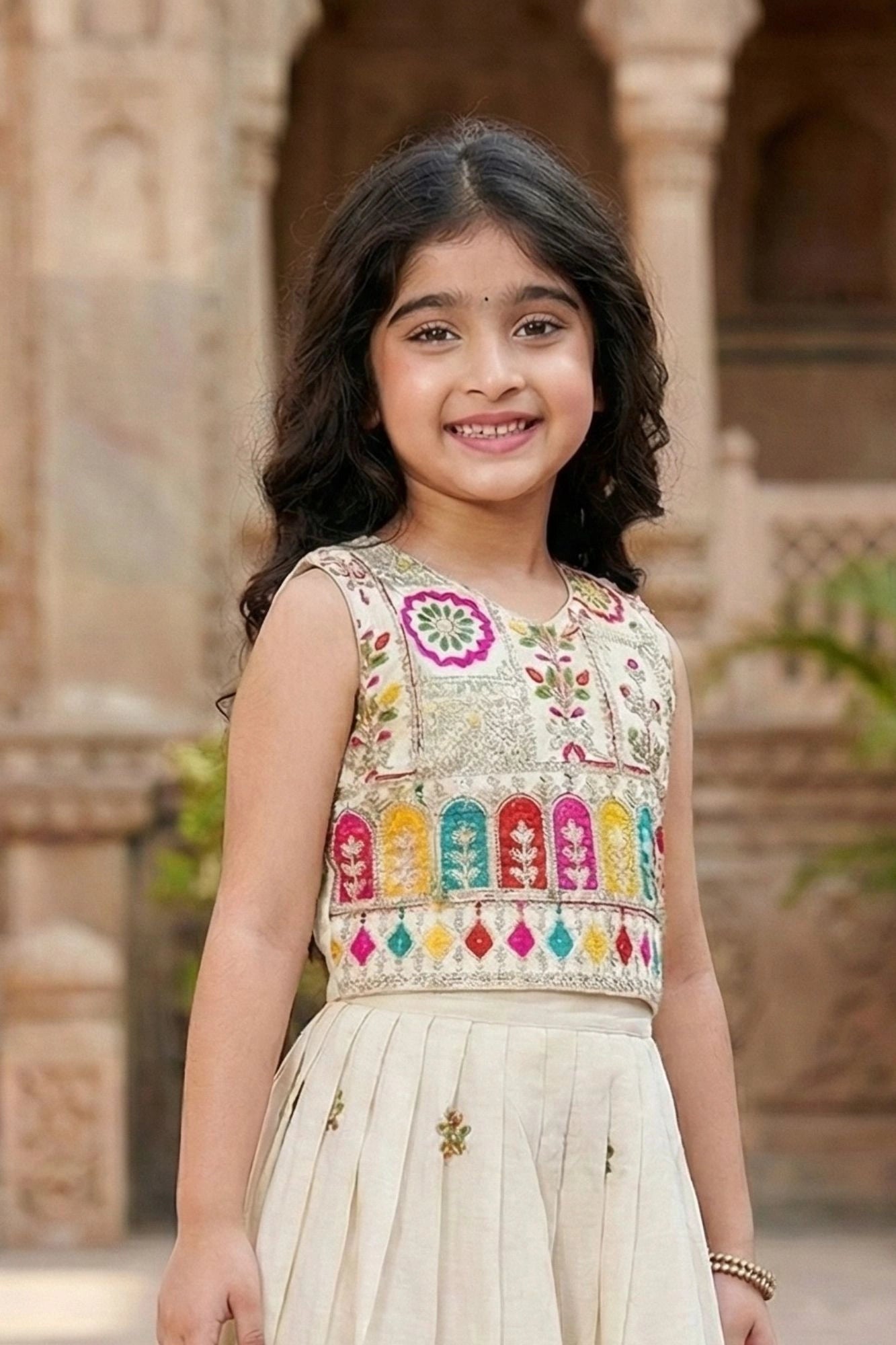 Elegant Cream With Multicolor Embroidered Lehenga Choli Set For Girls
