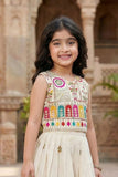 Elegant Cream With Multicolor Embroidered Lehenga Choli Set For Girls