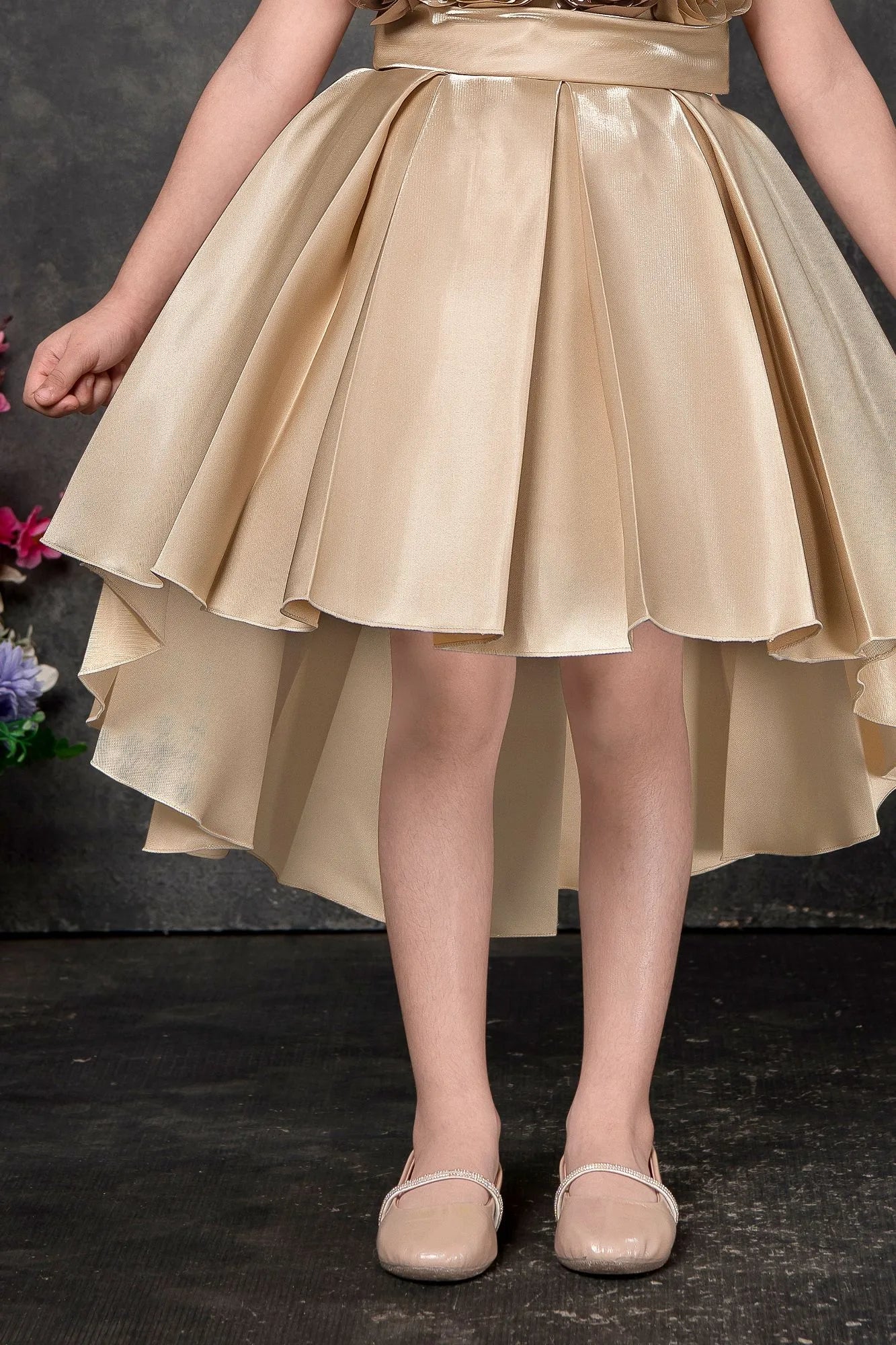 Rosette Bloom Golden High-Low Party Wear Frock For Girls