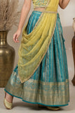 Teal Green And Lime Yellow Embroidered Lehenga Choli Set For Girls