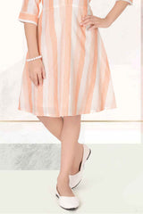 Peach 3/4th Sleeves Stripe Frock For Girls