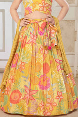 Mustard And Stone Work With Floral Printed Lehenga Choli Set For Girls