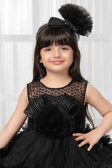 Black Sleeveless And Sequins Worked With Floral Embellished Tail Back Frock For Girls