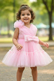 Pink Tulle Party Wear Frock with Oversized Bow For Girls