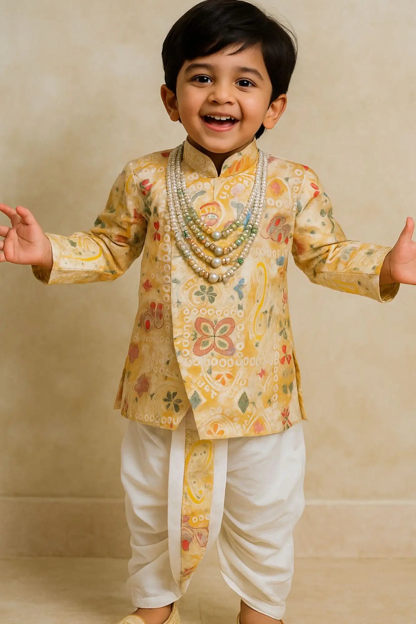 Yellow Patchwork-Style Kurta with Cream Dhoti Set