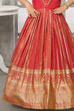 Red Stone Work And Embroidered Banarasi Ethnic Gown For Girls