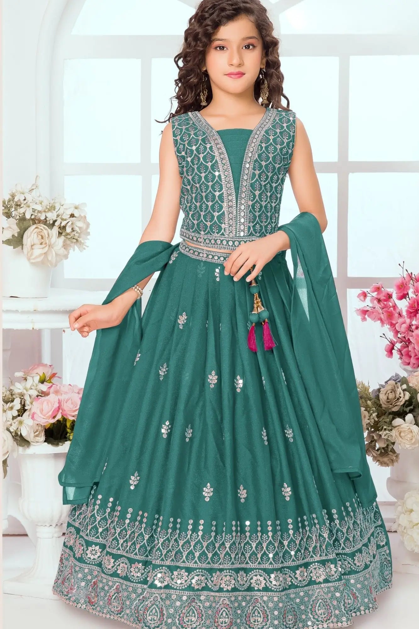 Rama Green Embroidered Lehenga Choli Set with Dupatta For Girls