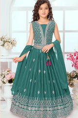 Rama Green Embroidered Lehenga Choli Set with Dupatta For Girls