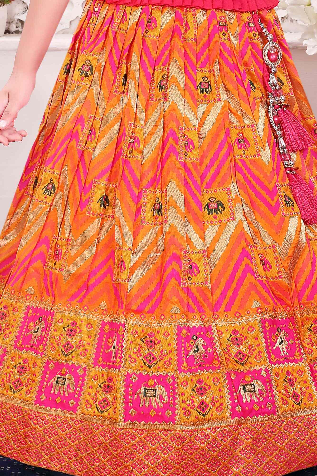 Pink And Orange Embroidered Pattu Pavadai with Elephant Motif For Girls