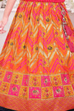 Pink And Orange Embroidered Pattu Pavadai with Elephant Motif For Girls