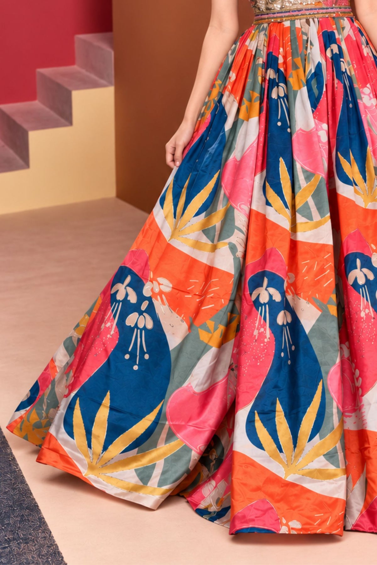 Multicolor Abstract Print Embellished Ethnic Gown For Girls