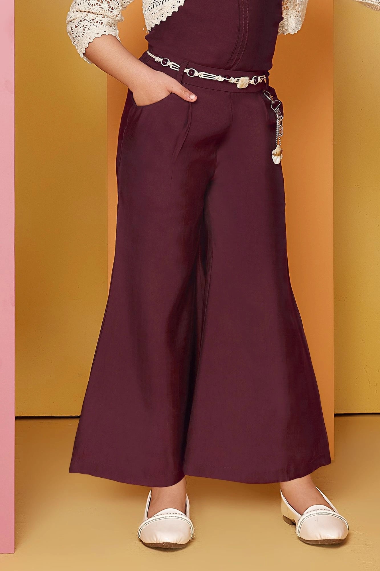 Maroon Palazzo Set with Crochet Shrug For Girls