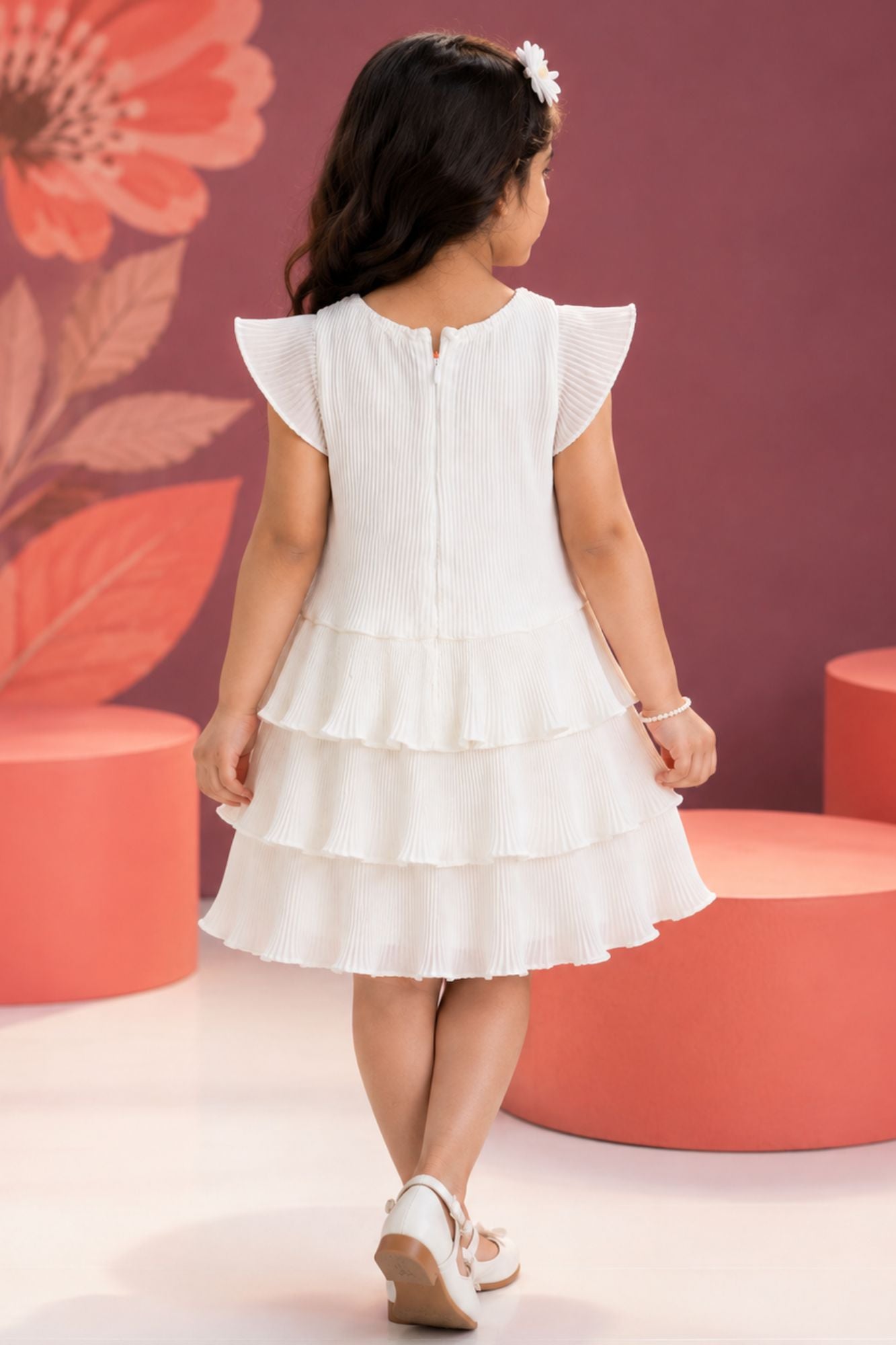 White Pleated Tiered  Frock