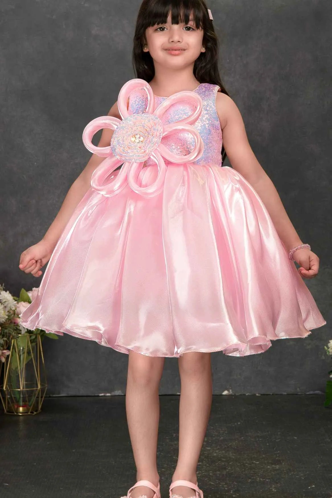 Pink Party Frock with Oversized 3D Flower Applique For Girls