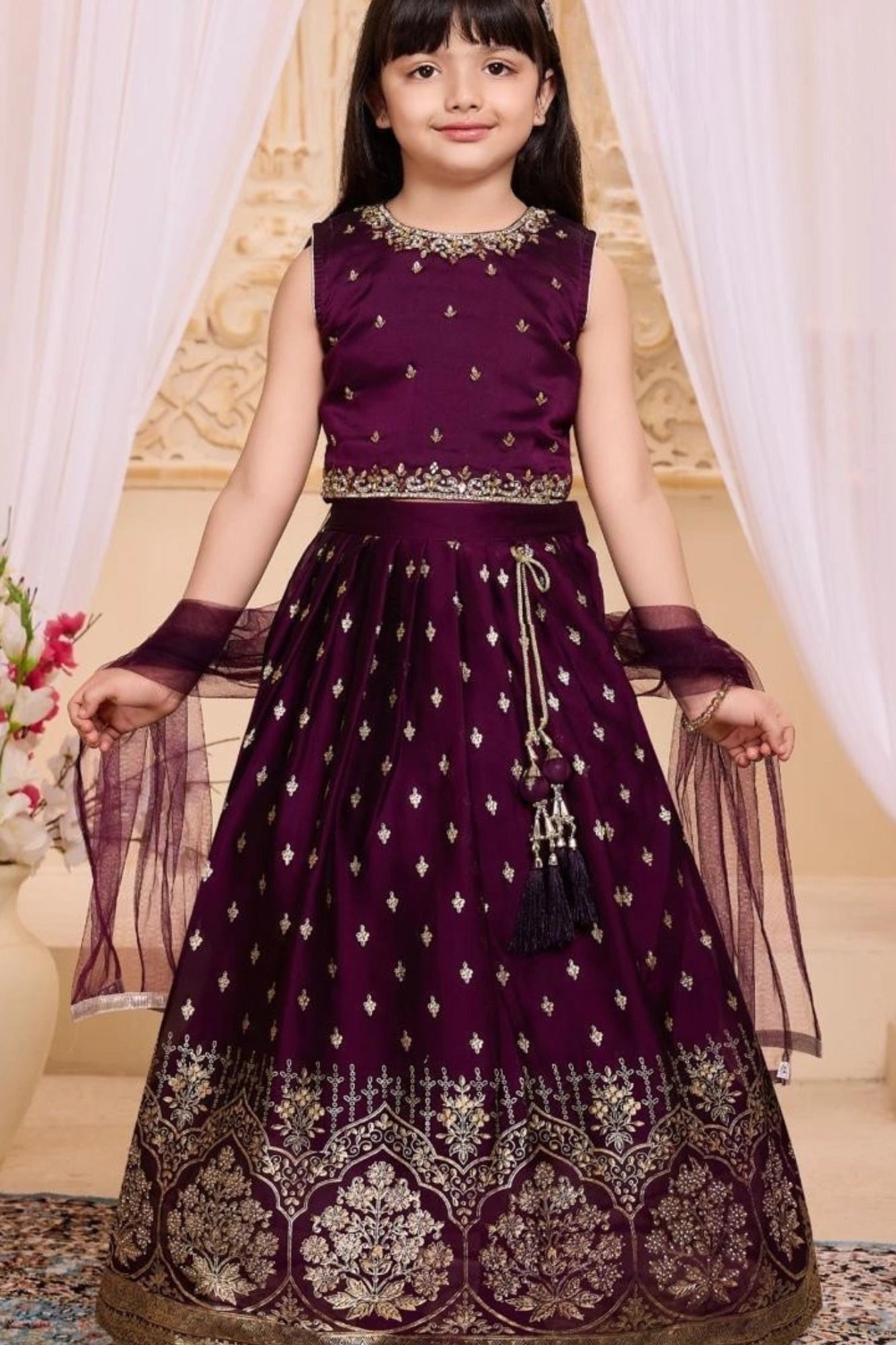 Wine With Gold Embroidered Lehenga Choli for Girls