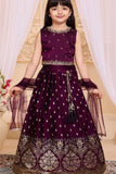Wine With Gold Embroidered Lehenga Choli for Girls