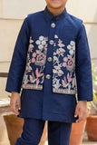 Designer Navy Blue Kurta Pajama Set With Floral Embroidery For Boys