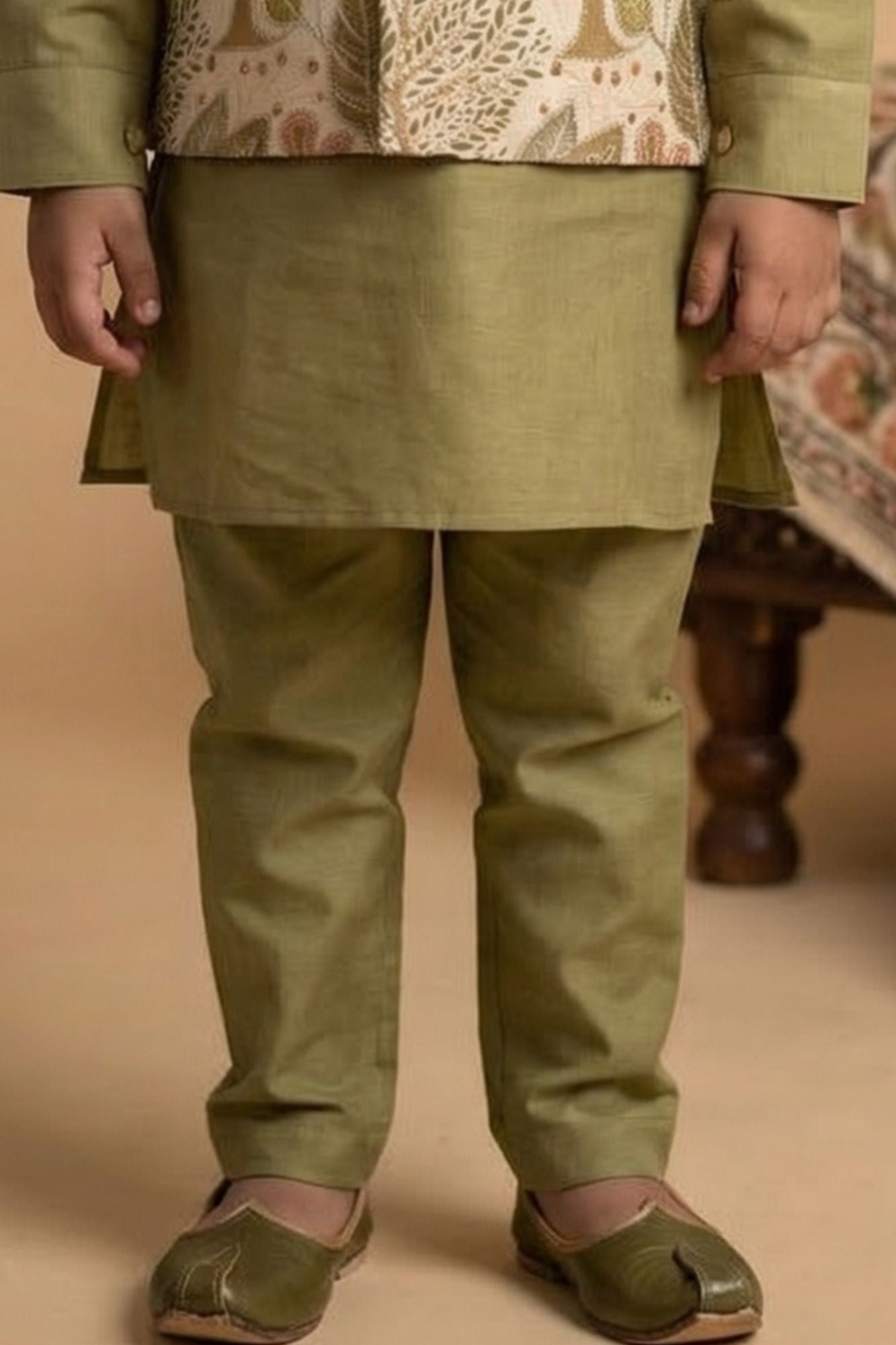 Olive Green Kurta Pyjama Set With Embroidered Nehru Jacket For Boys