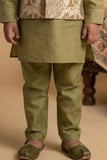 Olive Green Kurta Pyjama Set With Embroidered Nehru Jacket For Boys
