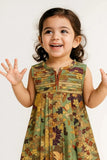 Green Multicolor Pleated Sequins Embroidered Floral Dress For Girls