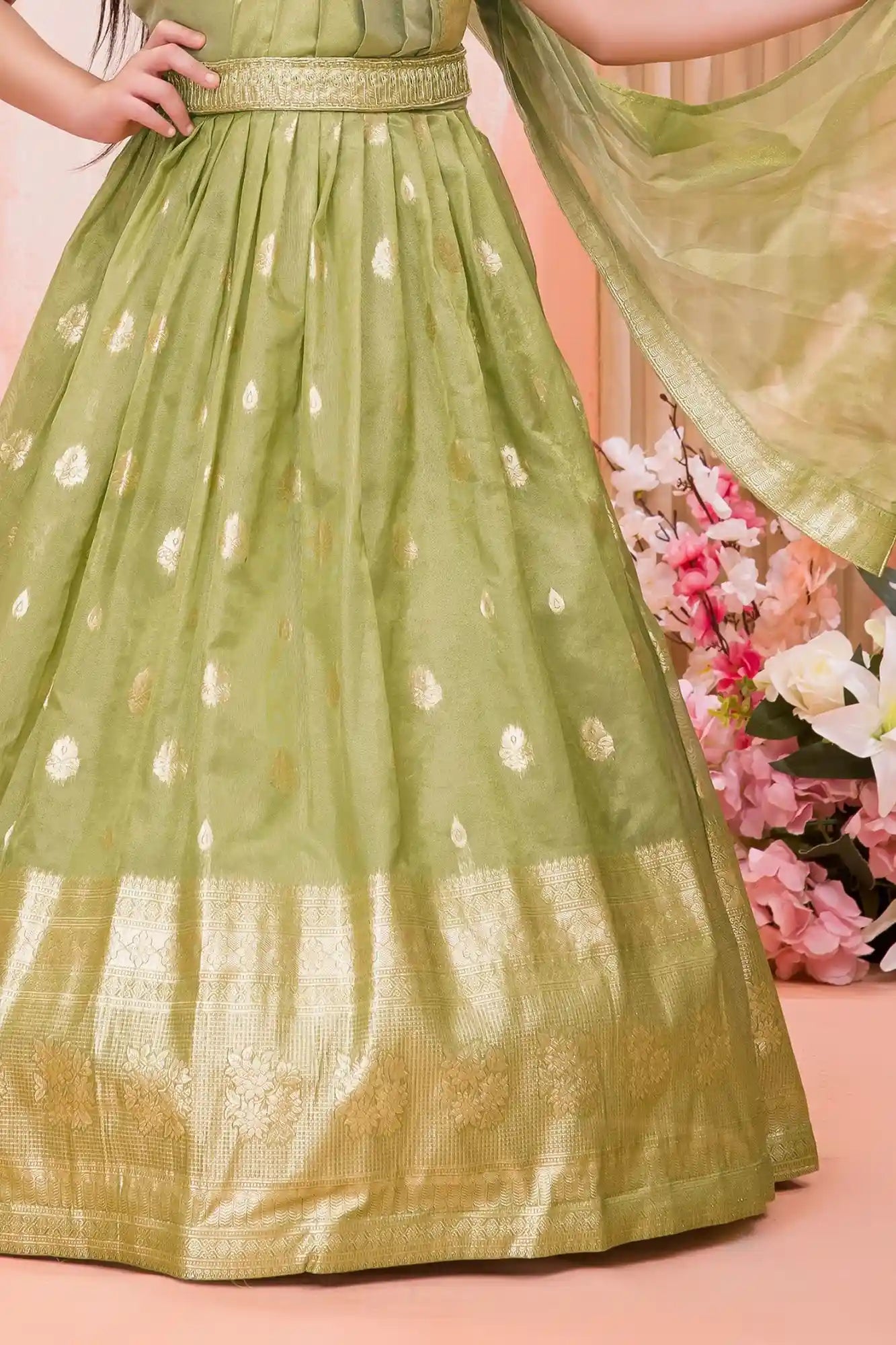 Olive Green Silk Ethnic Gown For Girls
