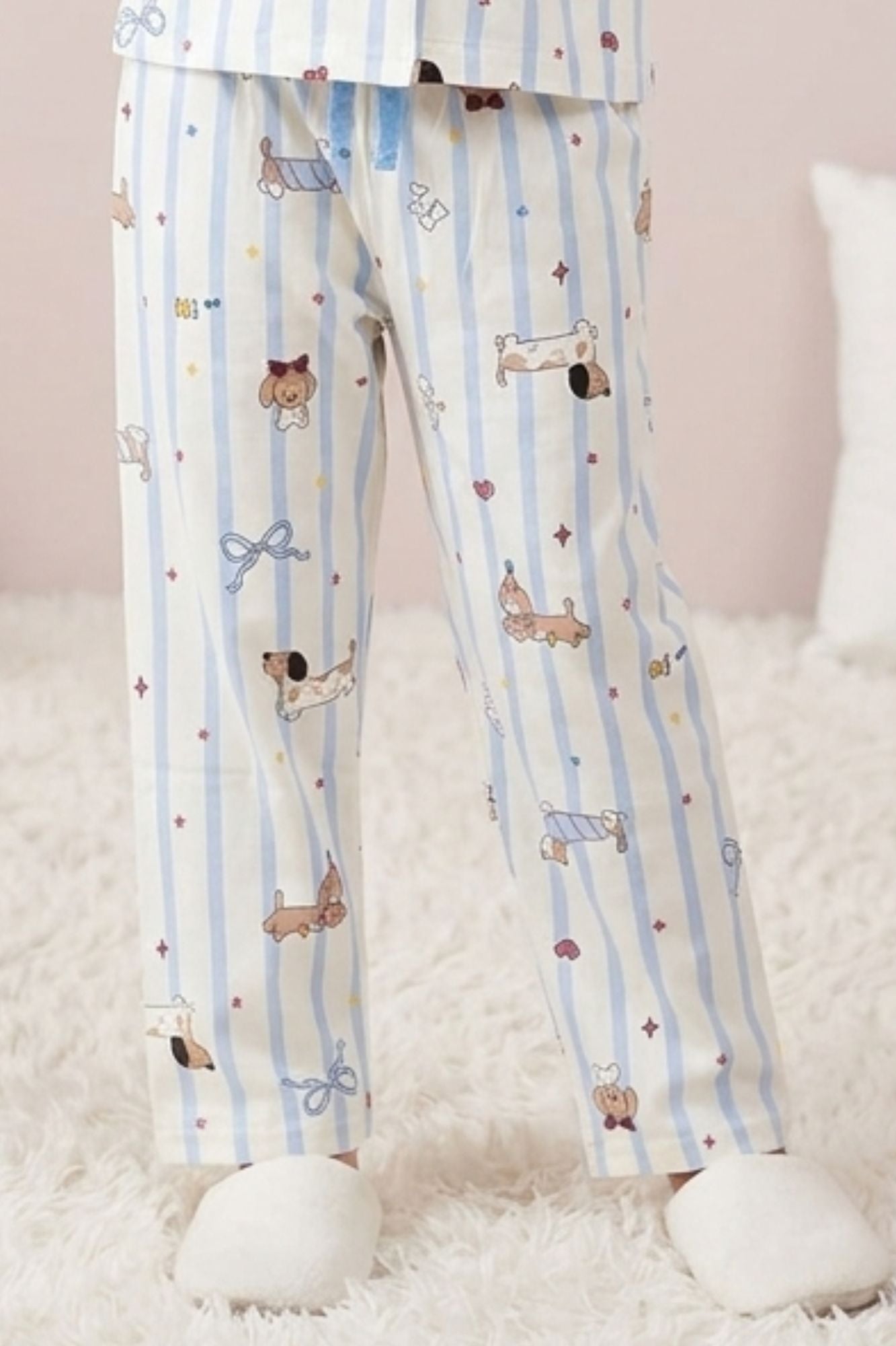 Girls Blue Striped Teddy Print Night Suit Set
