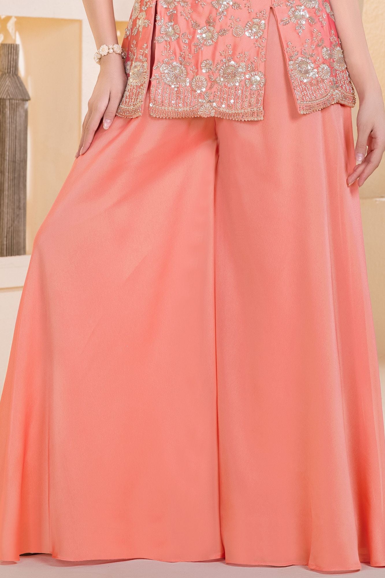 Coral Peach Embroidered Georgette Palazzo Set For Girls