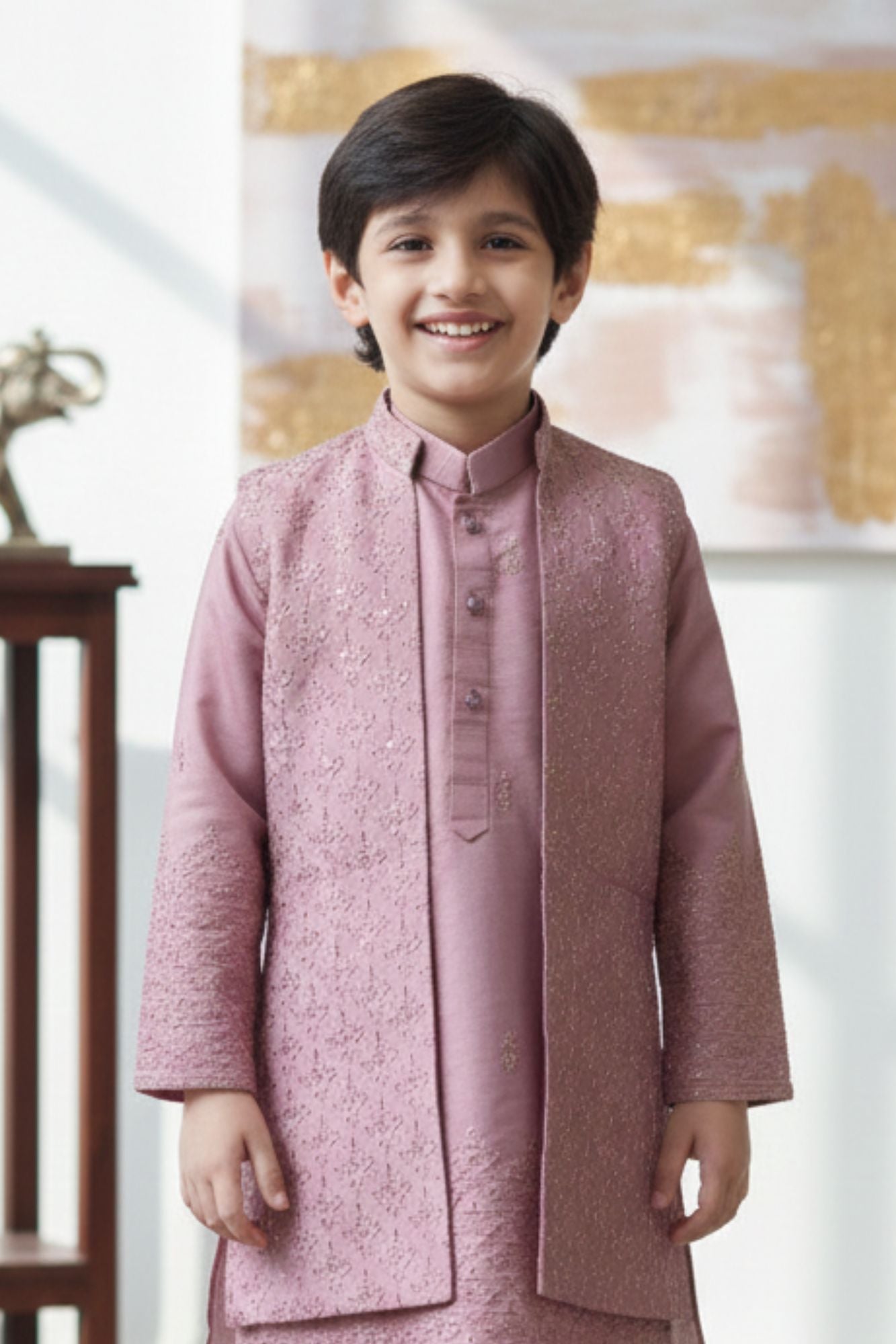 Onion Pink Embroidered Kurta Pyjama Set with Jacket For Boys