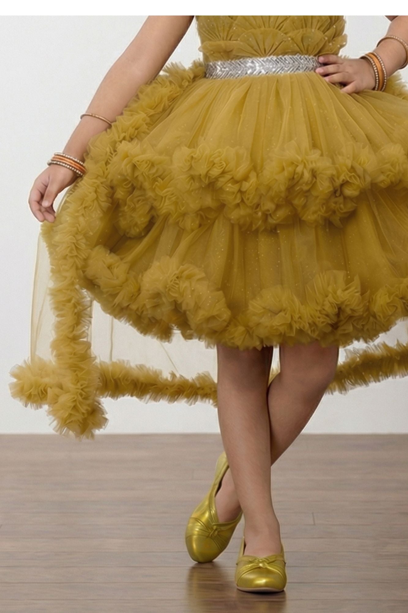 Girls Mustard High-Low Party Frock with Ruffled Layers And Embellished –  Lagorii Kids