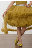Girls Mustard High-Low Party Frock with Ruffled Layers And Embellished Waistbelt