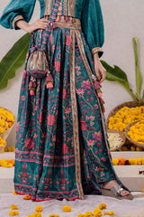 Teal Blue Sequins Embroidered And Floral Printed Lehenga Choli Set With Potli Bag For Girls