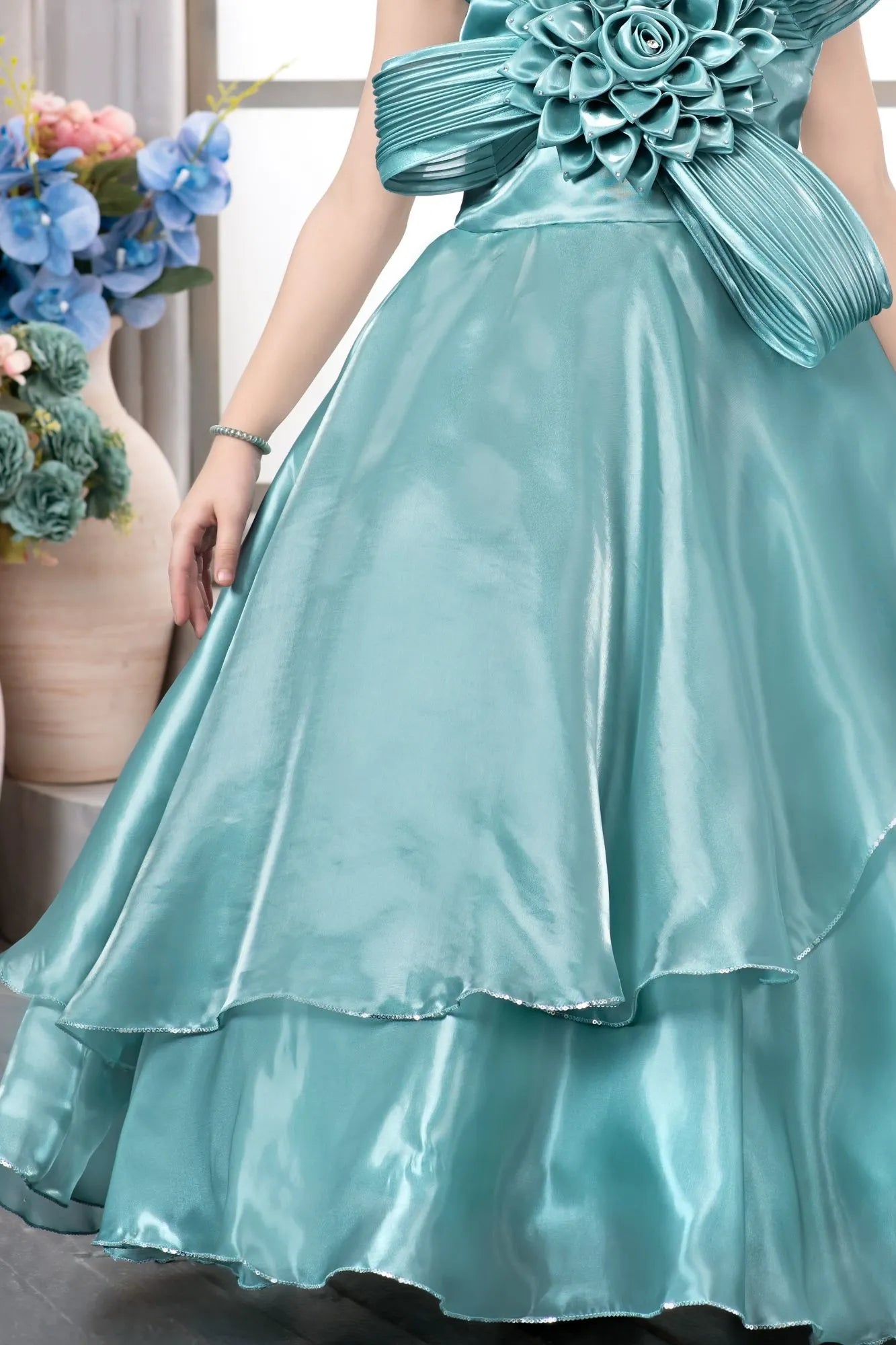 Sea Green Designer Bow & 3D Rosette Party Gown For Girls