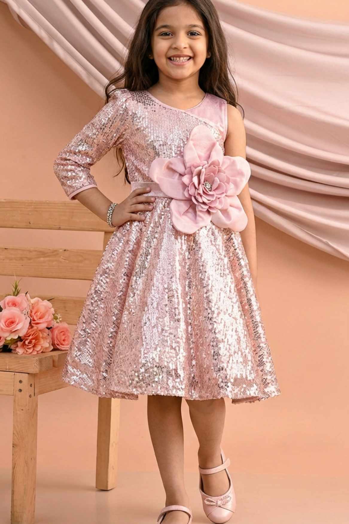 Blush Pink One-Shoulder Sequin Party Frock with 3D Floral Waist Applique For Girls