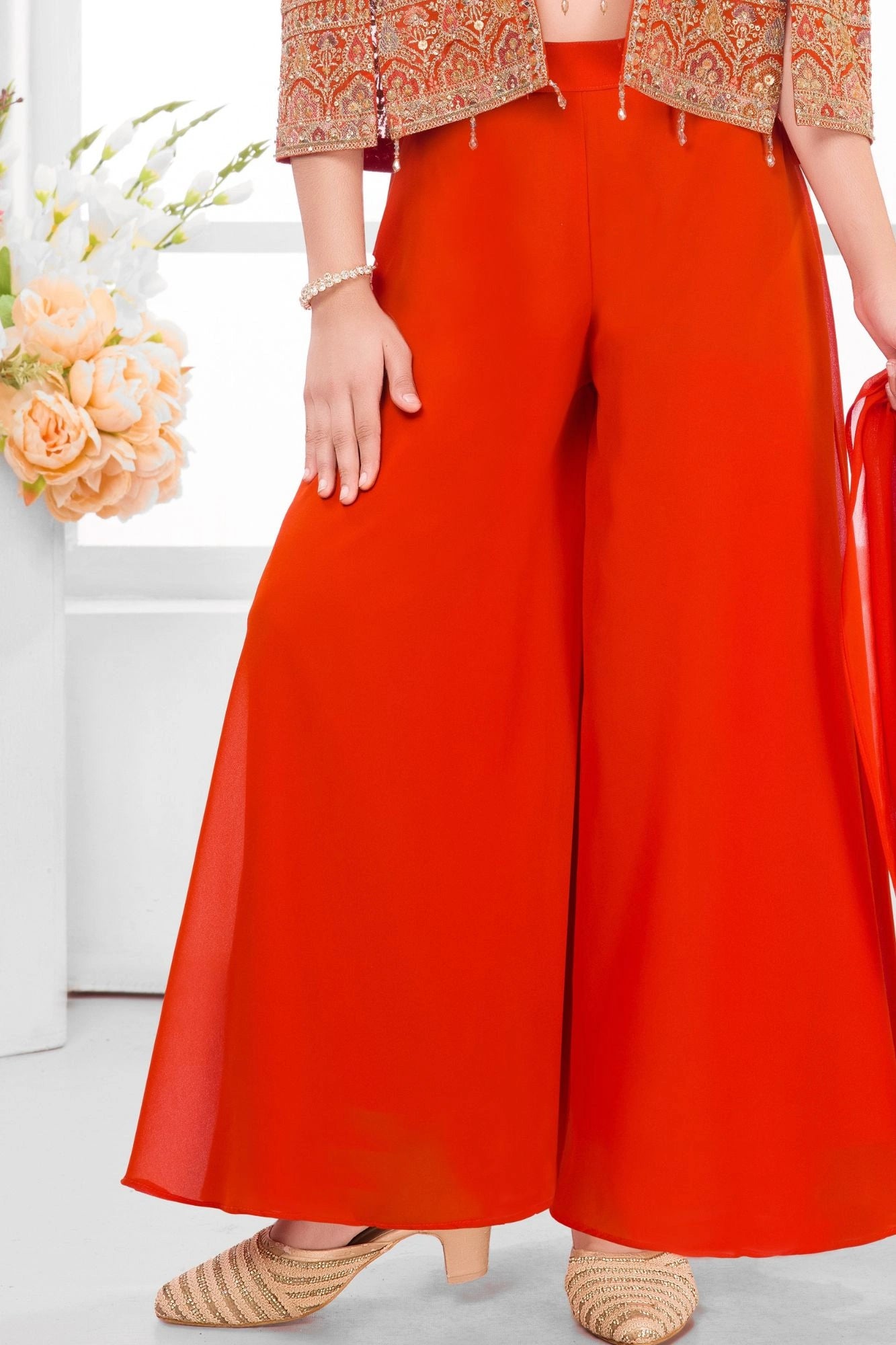 Orange Embroidered Crop Top with Jacket and Palazzo Set For Girls
