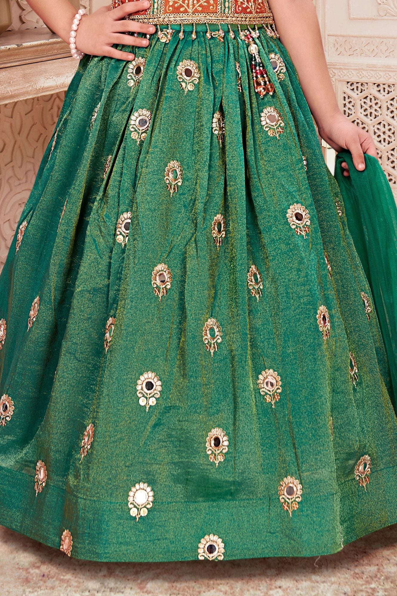 Girls Green Embroidered Lehenga Choli Set with Dupatta