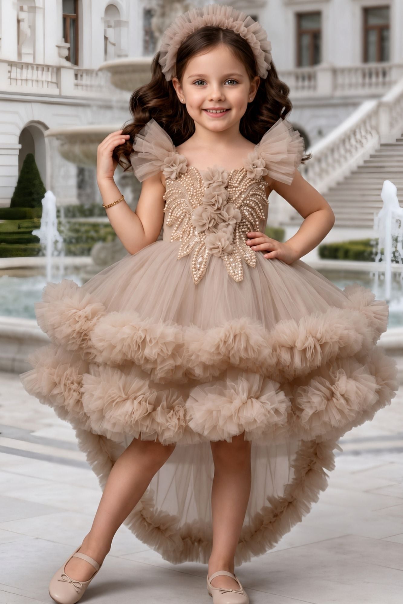 Girls Beige Ruffle Tailback Party Dress with Pearl And 3D Floral Work