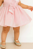 Pink Shimmer V-Neck Party Dress With Floral Bow For Girls