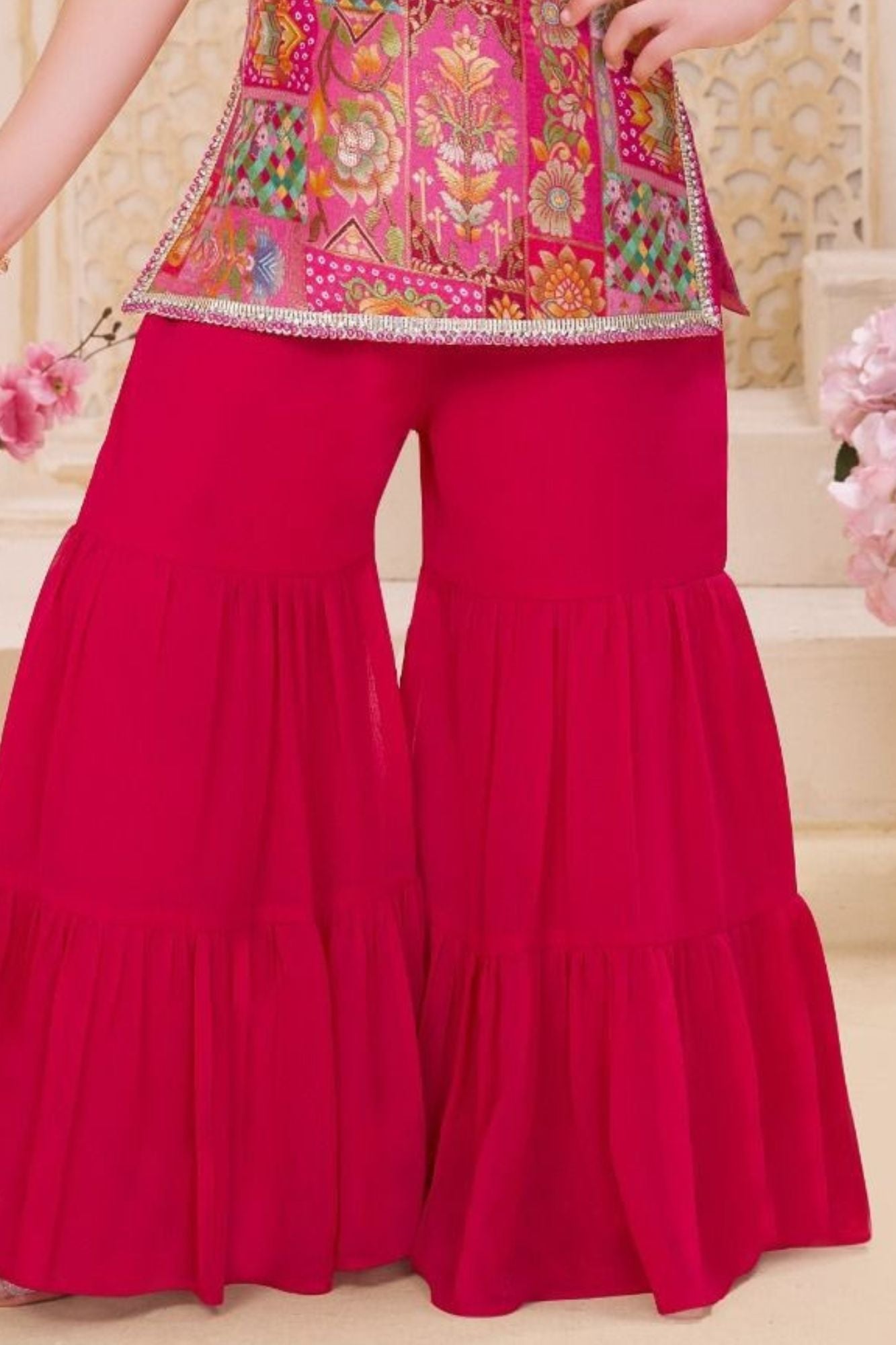 Rani Pink Embroidered Sharara Set with Dupatta For Girls