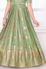 Ethnic Pista Green Puff Sleeves With Mirror Embroidered Gown For Girls