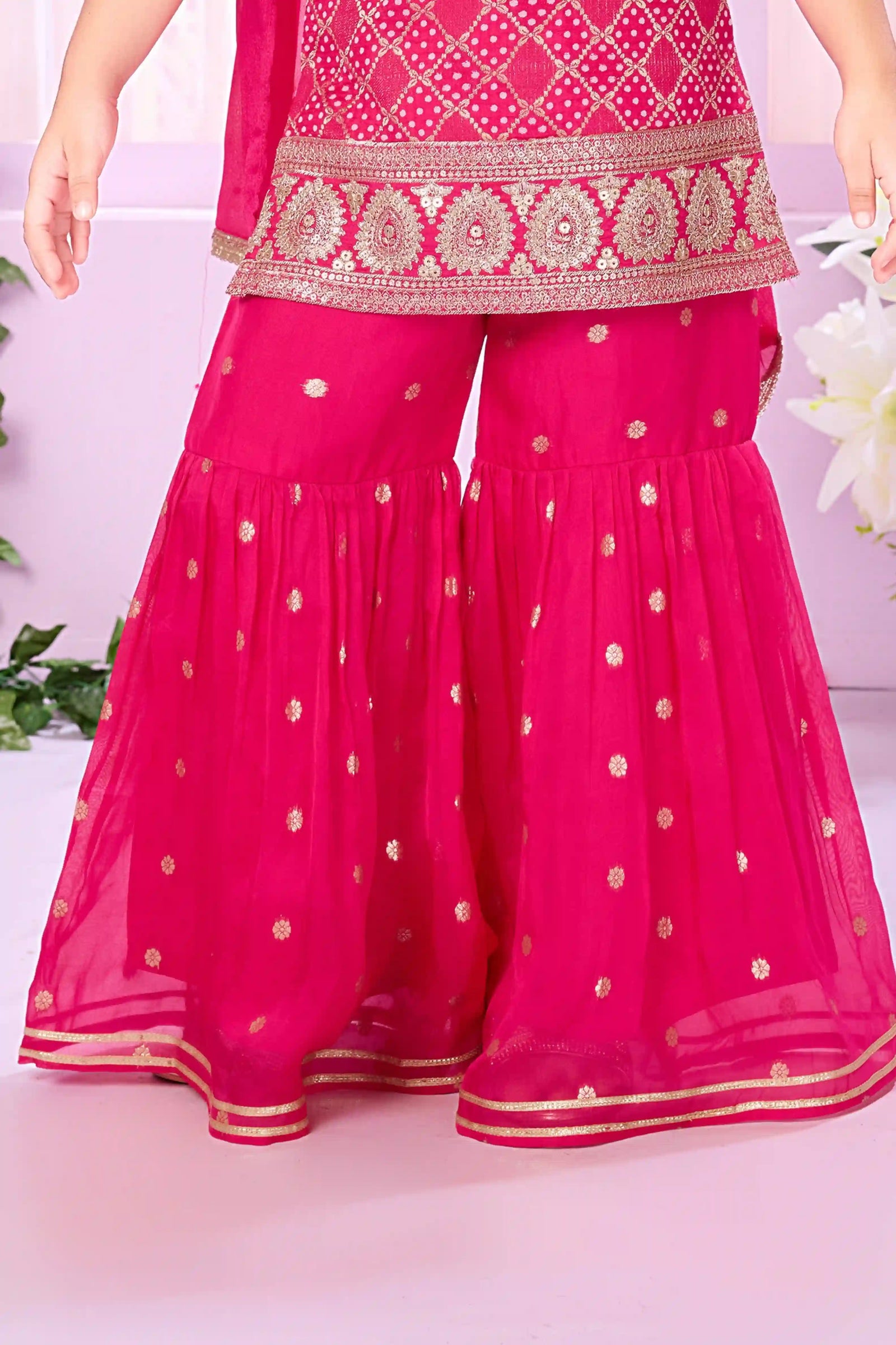 Hot Pink Embroidered Sharara Set with Sleeveless Kurti And Dupatta For Girls