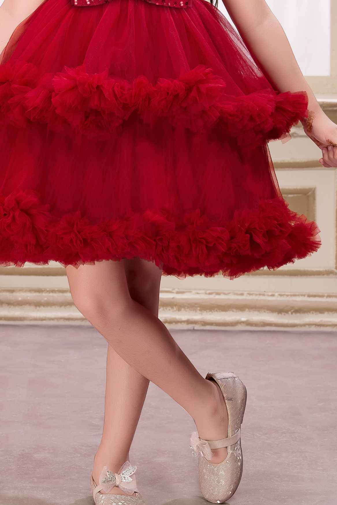 Maroon Sequin Work And Bow Embellished Party Frock For Girls