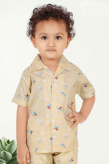 Beige Printed Co Ord Night Suits For Boys