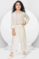 Cream Sequins Worked Co Ord Sets With Overcoat For Girls