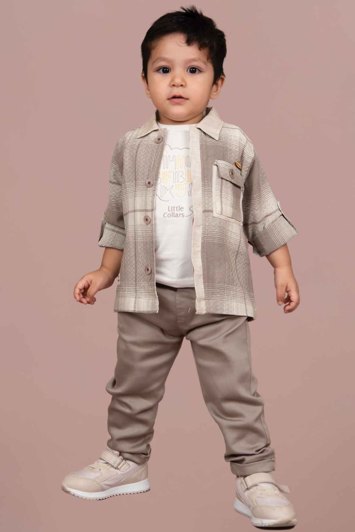 Brown Checked Shirt And Pant Set With White T Shirt For Boys