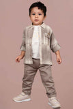 Brown Checked Shirt And Pant Set With White T Shirt For Boys
