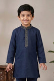 Navy Blue Embroidered Linen Kurta Set For Boys