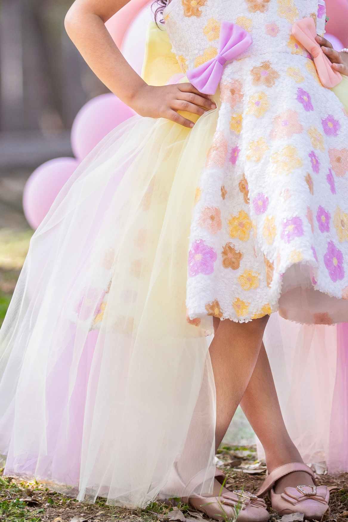 Multicolor Sequins Work With Bow Embellished Tailback Party Wear Frock For Girls