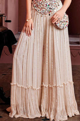 Cream Embroidered Kurta And Palazzo Set With Sling Bag For Girls