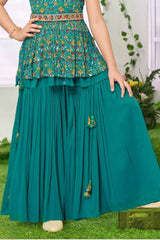 Rama Green Sleeveless And Floral Printed With Embroidered Palazzo Set For Girls